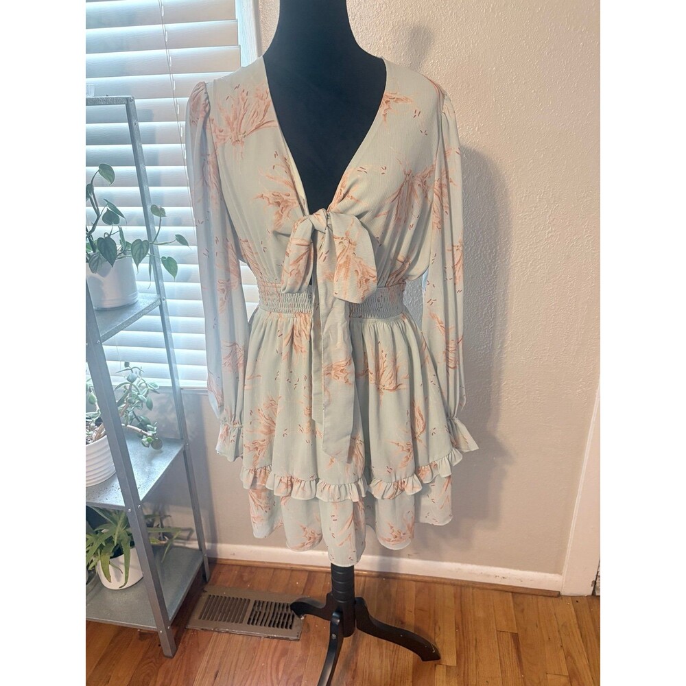 Exlura tie front tiered ruffle long sleeve mini Dress blue size L